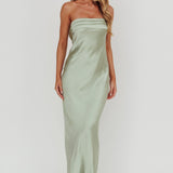 Kona Strapless Pleated Bust Satin Maxi Dress Sage