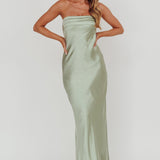 Kona Strapless Pleated Bust Satin Maxi Dress Sage