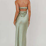 Kona Strapless Pleated Bust Satin Maxi Dress Sage