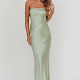 Kona Strapless Pleated Bust Satin Maxi Dress Sage