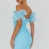 Star Dust Off-Shoulder Frill Sleeve Mini Dress Baby Blue