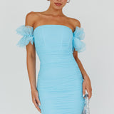 Star Dust Off-Shoulder Frill Sleeve Mini Dress Baby Blue