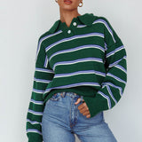 Boston Collared Knit Sweater Striped Forest Green