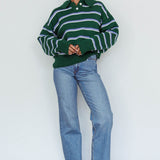 Boston Collared Knit Sweater Striped Forest Green