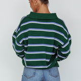 Boston Collared Knit Sweater Striped Forest Green