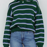Boston Collared Knit Sweater Striped Forest Green