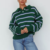 Boston Collared Knit Sweater Striped Forest Green