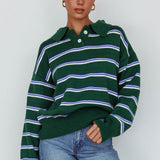Boston Collared Knit Sweater Striped Forest Green