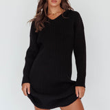 Autumn Hooded Sweater Midi Dress Black
