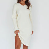 Autumn Hooded Sweater Midi Dress White