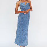 Horizon Strapless Wavy Neckline Midi Denim Blue