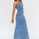 Horizon Strapless Wavy Neckline Midi Denim Blue