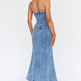 Horizon Strapless Wavy Neckline Midi Denim Blue