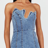 Horizon Strapless Wavy Neckline Midi Denim Blue