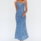 Horizon Strapless Wavy Neckline Midi Denim Blue