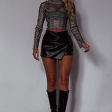 Last Friday Night Diamante Mesh Top Black