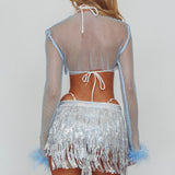 Slay All Day Feather Cuff Crop Top Blue