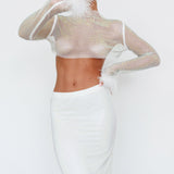 Slay All Day Feather Cuff Crop Top White