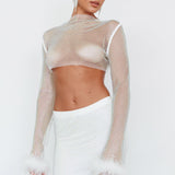 Slay All Day Feather Cuff Crop Top White