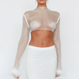 Slay All Day Feather Cuff Crop Top White