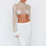 Slay All Day Feather Cuff Crop Top White