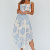 Euro Summer Asymmetrical Hem Midi Dress Floral Beige