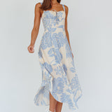Euro Summer Asymmetrical Hem Midi Dress Floral Beige
