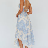 Euro Summer Asymmetrical Hem Midi Dress Floral Beige