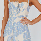 Euro Summer Asymmetrical Hem Midi Dress Floral Beige