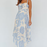 Euro Summer Asymmetrical Hem Midi Dress Floral Beige