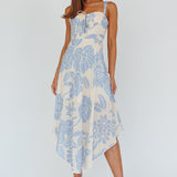 Euro Summer Asymmetrical Hem Midi Dress Floral Beige