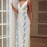 Mykonos Morning Tied Shoulder Maxi Dress Embroidered Beige