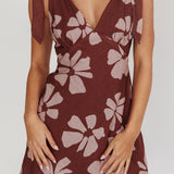 Mykonos Morning Tied Shoulder Mini Dress Floral Brown