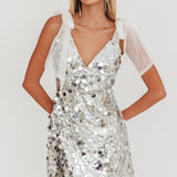 Mykonos Morning Tied Shoulder Sequin Mini Dress Silver