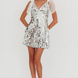 Mykonos Morning Tied Shoulder Sequin Mini Dress Silver