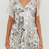 Mykonos Morning Tied Shoulder Sequin Mini Dress Silver