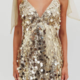 Mykonos Morning Tied Shoulder Sequin Mini Dress Gold