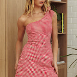 Mykonos Morning Tied One-Shoulder Mini Dress Red Check