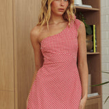 Mykonos Morning Tied One-Shoulder Mini Dress Red Check