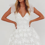 Mykonos Morning Tied Shoulder Mini Dress Embroidered Palm White
