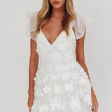 Mykonos Morning Tied Shoulder Mini Dress Embroidered Palm White