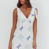 Mykonos Morning Tied Shoulder Mini Dress Bows Blue