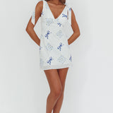 Mykonos Morning Tied Shoulder Mini Dress Bows Blue