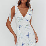 Mykonos Morning Tied Shoulder Mini Dress Bows Blue