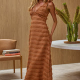 Elexia Tied Shoulder Midi Dress Textured Chocolate