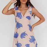Mykonos Morning Tied Shoulder Mini Dress Plant Print Beige