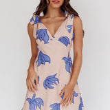 Mykonos Morning Tied Shoulder Mini Dress Plant Print Beige