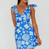 Mykonos Morning Tied Shoulder Mini Dress Floral Ocean