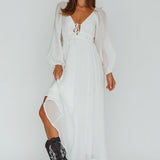 Kylin Balloon Sleeve Tied Bust Maxi Dress White
