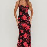 Fortune Lace Trim Mesh Midi Dress Black